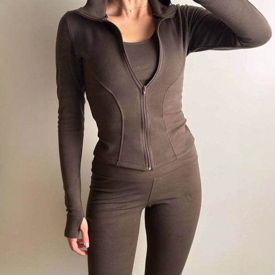 Damen Figurbetontes Freizeit-Set mit Reißverschlussjacke und taillenhohen Leggings aus Stretch mit Daumenlöchern Shop Nory