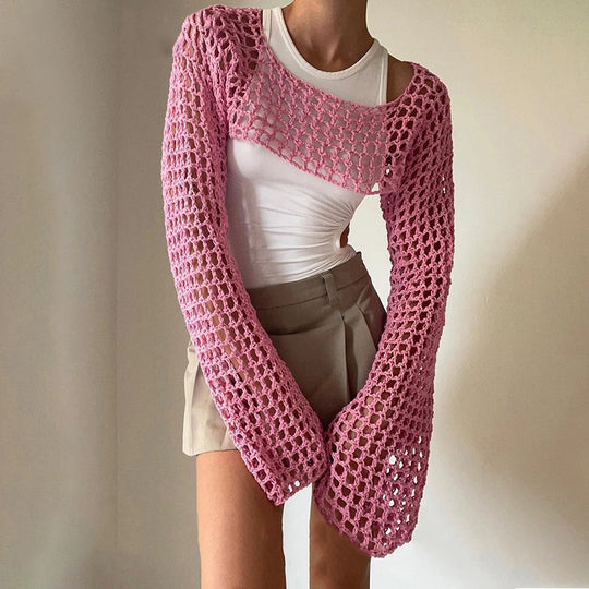 Damen gehäkelter kurzer Bolero mit asymmetrischem Schulterauschnitt und ausgestellten Ärmeln Shop Nory