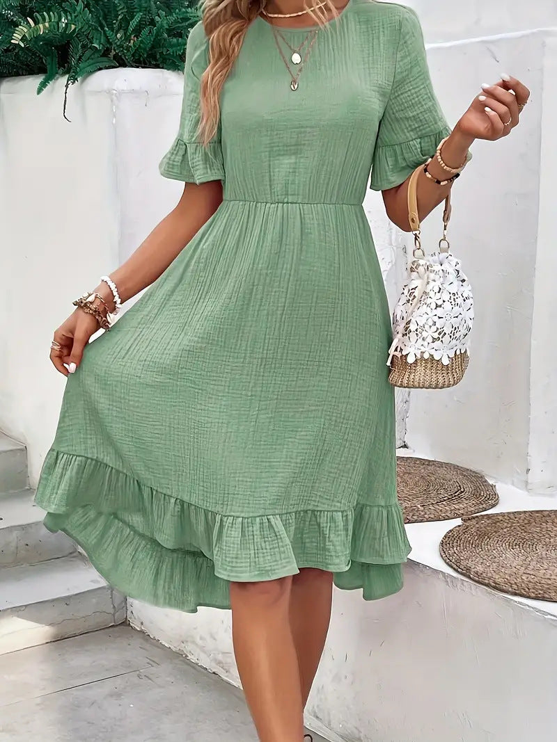 Damen Midi Kleid mit Volants und leichtem Gummizug
