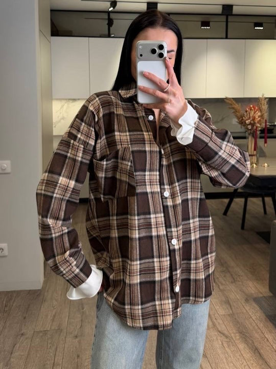 Damen Kariertes Flanell-Overshirt mit Hemdblusenkragen, Relaxed-Fit und aufgesetzter Brusttasche Shop Nory