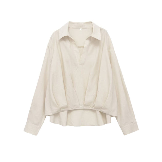Damen Oversize-Leinenbluse mit offenem V‑Ausschnitt und gerafftem Saum Shop Nory