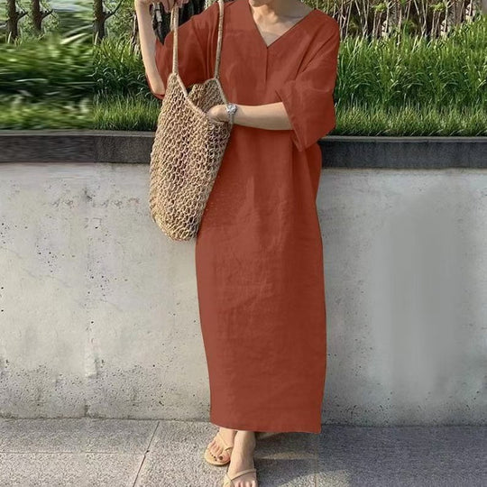 Damen Lässiges Leinen-Maxikleid mit V-Ausschnitt und Oversize-Relax-Fit Shop Nory