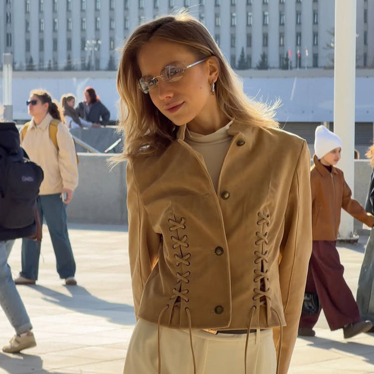 Damen Kurzjacke aus Veloursleder-Optik mit seitlichen Schnürungen & Stehkragen Shop Nory