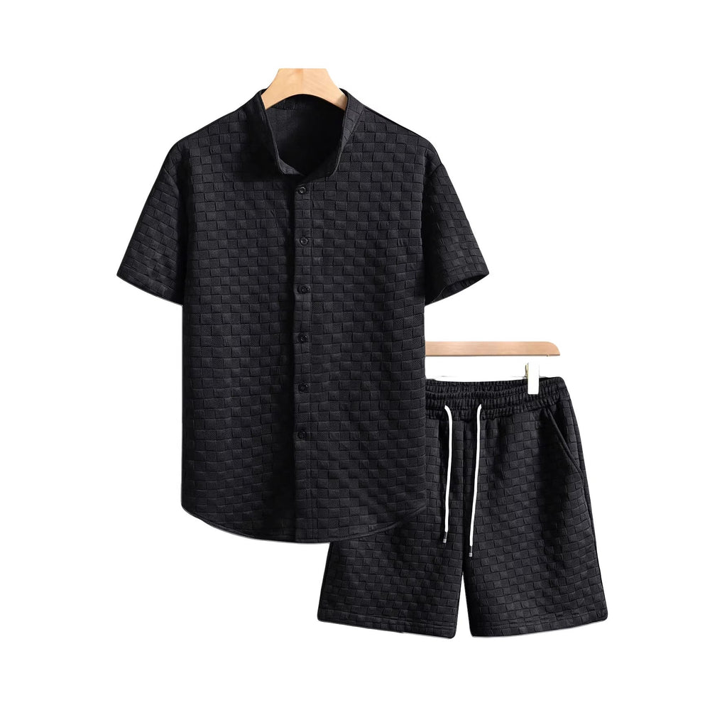 Herren nan zweiteiliges Sommerensemble mit Stehkragen-Hemdjacke und elastischen Komfort-Shorts in geprägter Karo-Textur