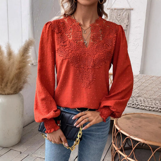Damen Spitzenbluse mit V-Ausschnitt, Schweizer Punktstruktur und gerafften Manschetten Shop Nory