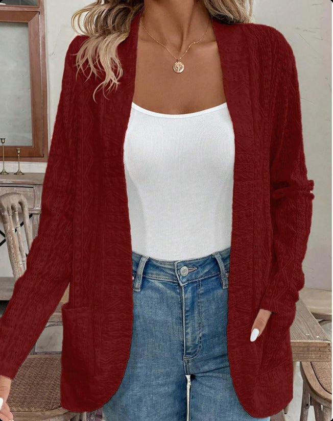 Damen Offener Strukturierter Strickcardigan mit Eingrifftaschen Shop Nory