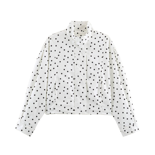 Damen Gepunktete Cropped Bluse mit Stehkragen und verdeckter Knopfleiste Shop Nory