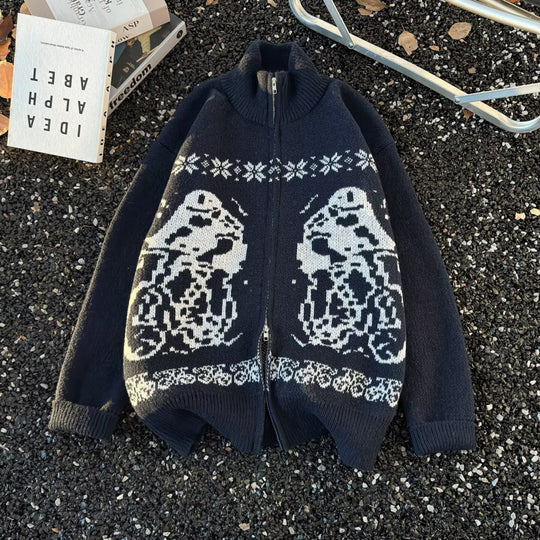 Unisex Übergroße Strickjacke mit durchgehendem Reißverschluss, hohem Rippkragen und Eulen-Intarsien Shop Nory