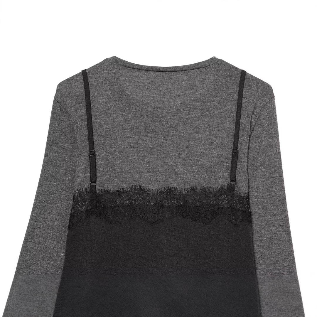 Damen Lagenlook-Longsleeve mit Satin-Slip-Einsatz und Spitzenbesatz Shop Nory