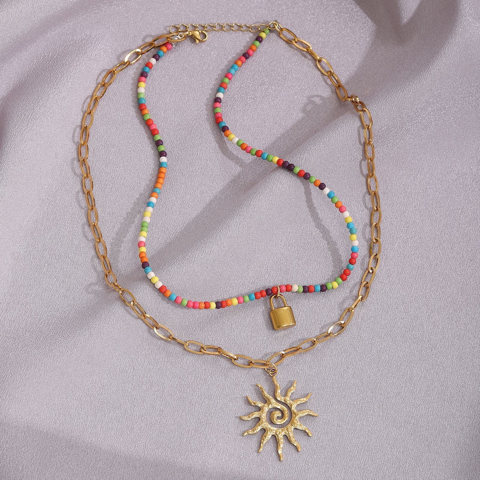 Damen 2-reihige Halskette mit bunten Perlen und Sonnensymbol Shop Nory