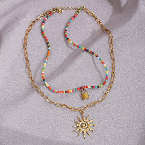 Damen 2-reihige Halskette mit bunten Perlen und Sonnensymbol Shop Nory