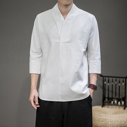Herren modern geschnittene Kimono-Hemdjacke mit V-Kragen und 3/4-Ärmeln Shop Nory