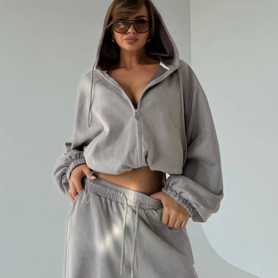 Damen Velours-Cropped-Kapuzenjacke mit Ballonärmeln und weiter Palazzo-Sweathose Shop Nory
