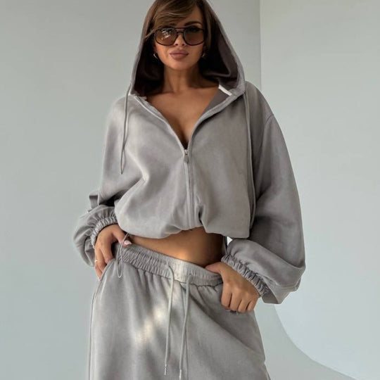 Damen Velours-Cropped-Kapuzenjacke mit Ballonärmeln und weiter Palazzo-Sweathose Shop Nory
