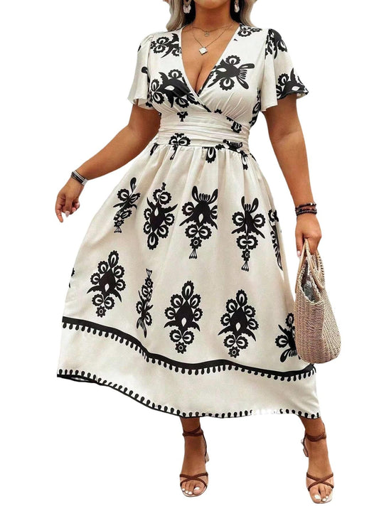 Damen Wickel-Midikleid mit taillierter Drapierung und dekorativem Bordürenprint Shop Nory