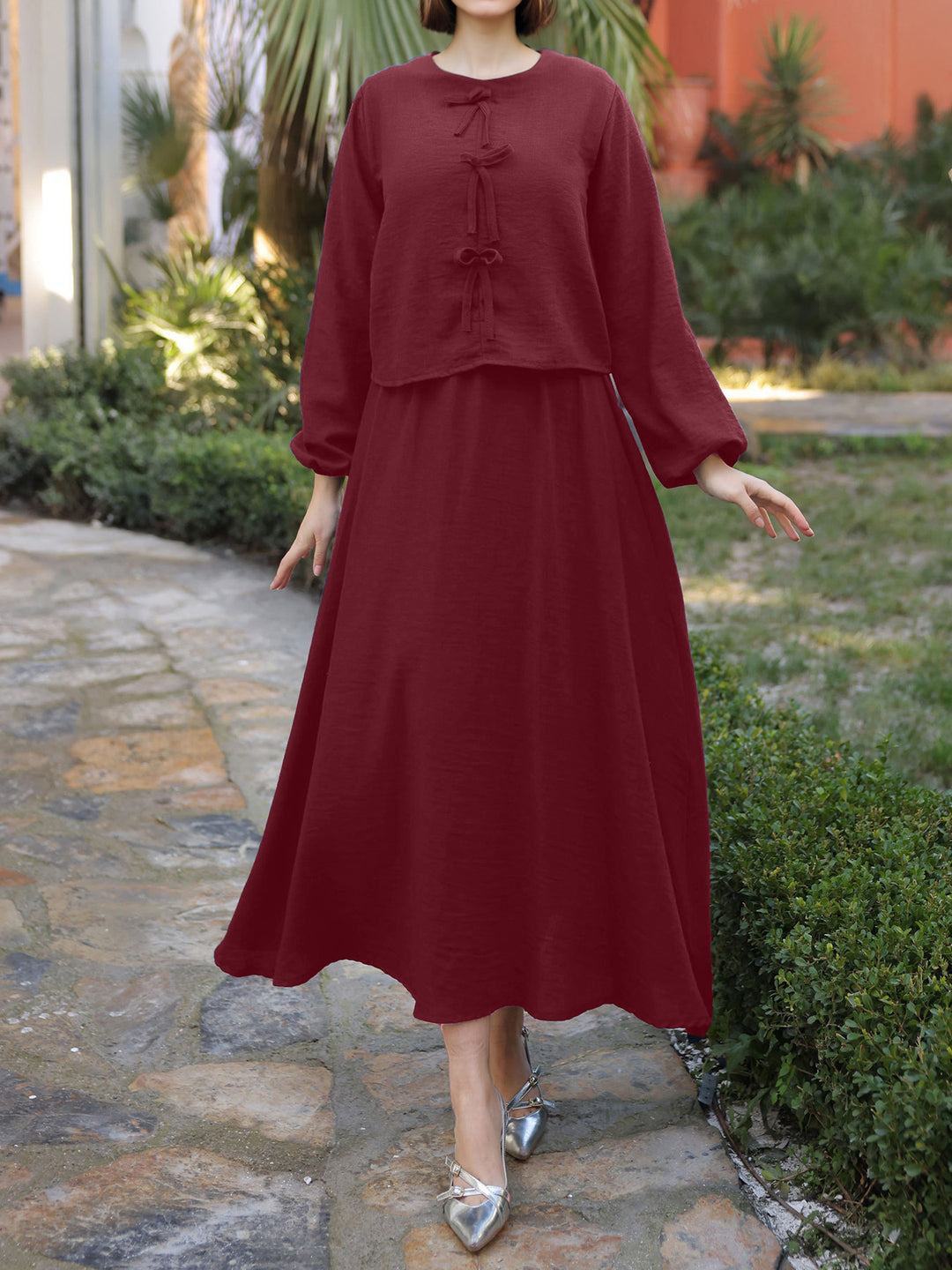 Damen Langes Zweiteiliges Maxikleid mit Überwurf, Rundhals und Zierknoten Shop Nory