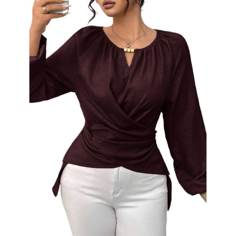 Damen Taillierte Wickelbluse mit Perlendetail und Ballonärmeln Shop Nory