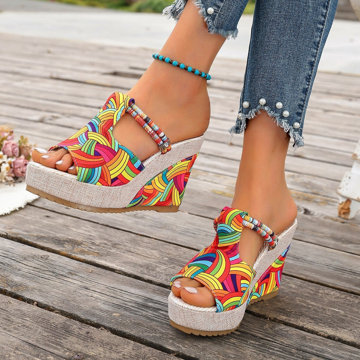 Damen modische Wedge-Sandalen mit buntem Mustermix und bequemer Sohle