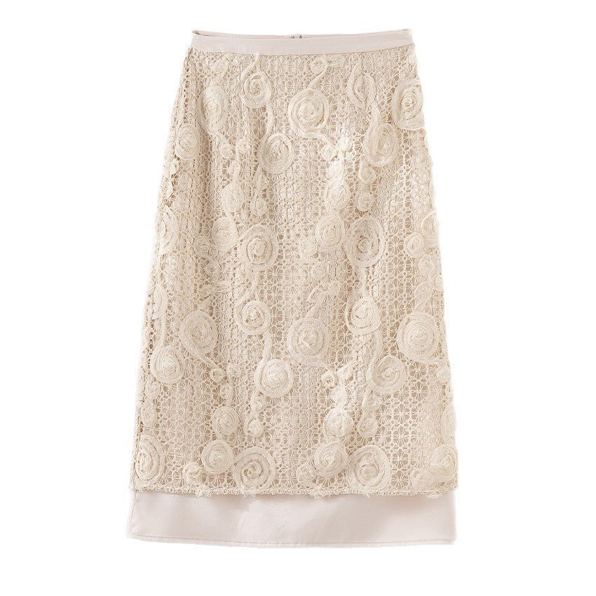 Damen Spitzen-Midirock mit floraler Häkelspitze und blickdichtem Futter Shop Nory
