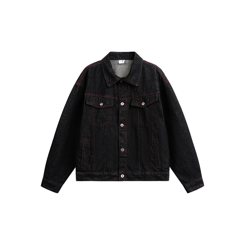 Herren Boxy‑Denimjacke mit roten Kontrastnähten und Metallknöpfen Shop Nory