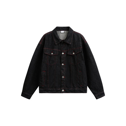 Herren Boxy‑Denimjacke mit roten Kontrastnähten und Metallknöpfen Shop Nory