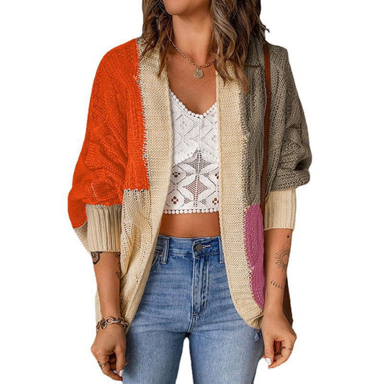 Damen Lockere Strickjacke mit modischem Farbblockdesign und tiefen Taschen