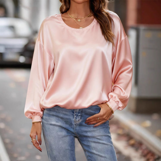 Damen Glänzende Satin-Bluse mit Rundhalsausschnitt und Ballonärmeln Shop Nory