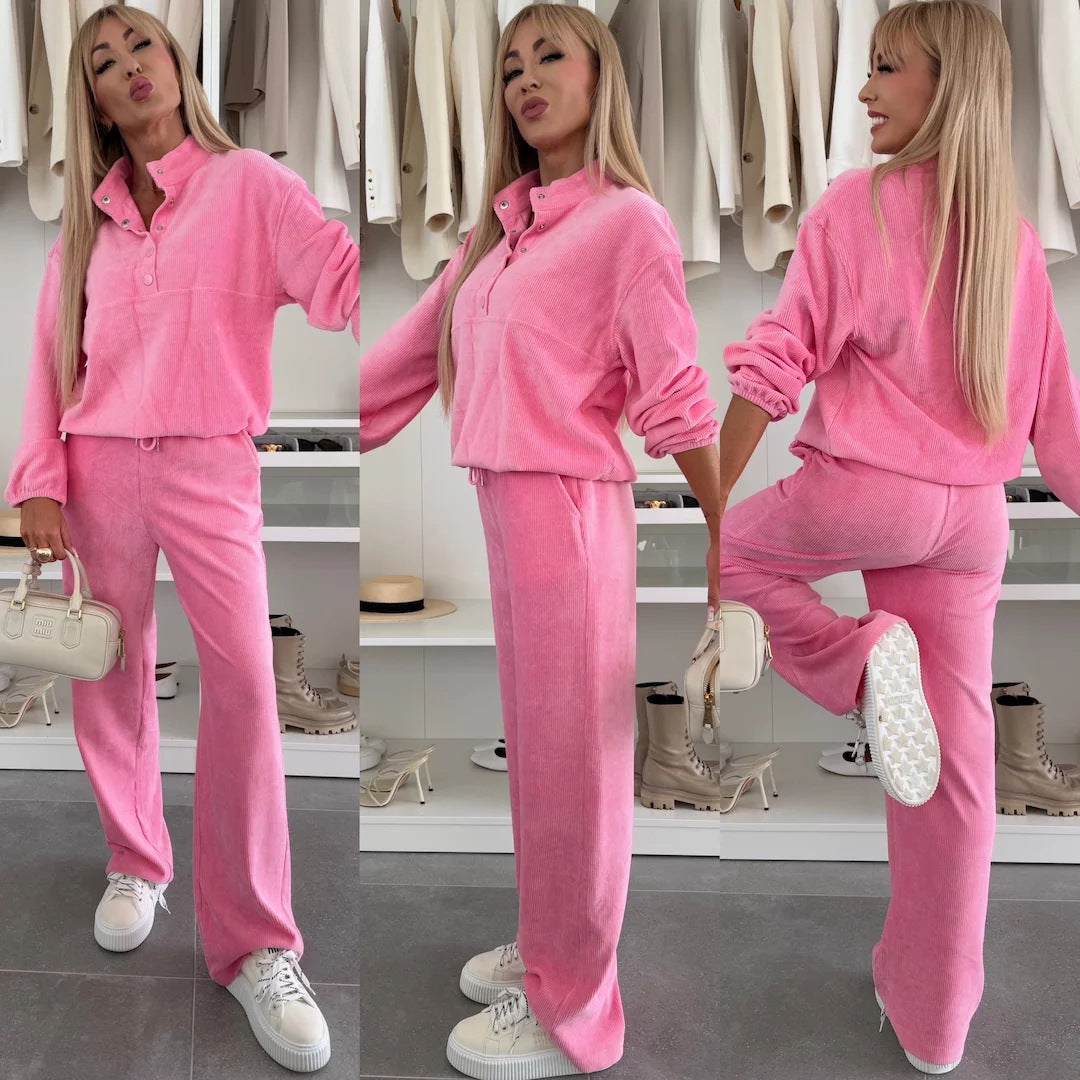 Damen Cord-Lounge-Set mit Henley-Kragen, Knopfleiste und weitem High-Waist-Hose Shop Nory