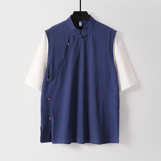 Herren Asymmetrische Leinenweste mit Stehkragen und seitlicher Knopfleiste Shop Nory