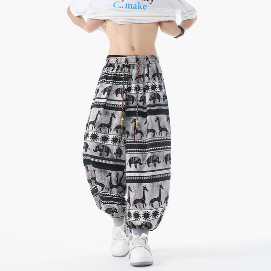 Damen lässige Pluderhose im Ethno-Print mit elastischem Bund, Kordelzug und gesmokten Bündchen Shop Nory