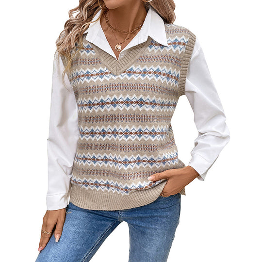 Damen Modischer Strickpullover mit V-Ausschnitt und geometrischem Muster Shop Nory