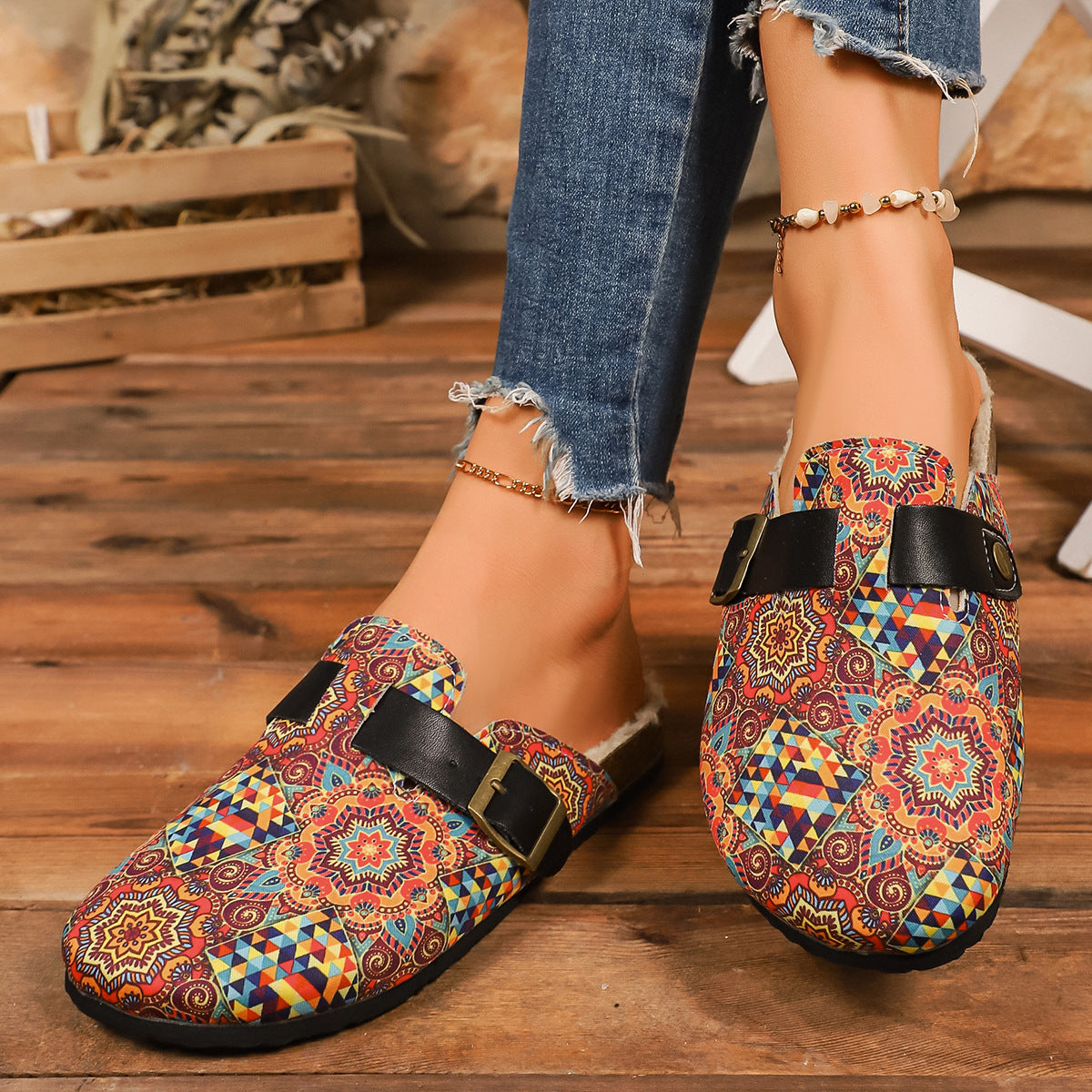 Damen Freizeit-Sandalen mit buntem geometrischen Design und verstellbarem Riemen Shopnory