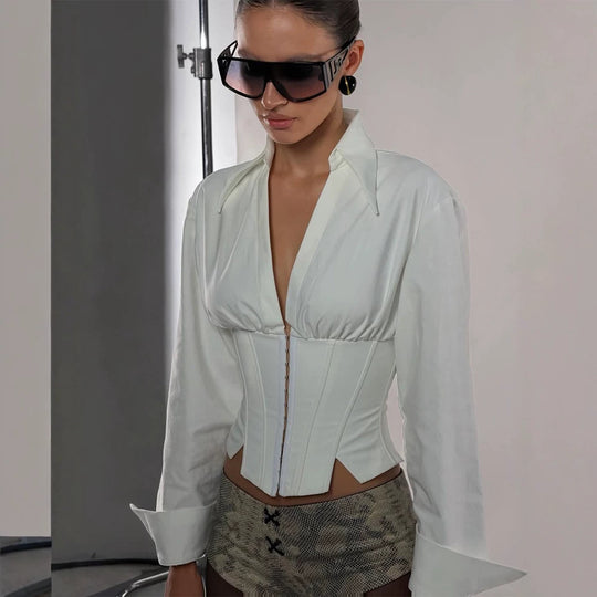 Damen Taillierter Korsett-Bustier mit integrierter Hemdbluse und Frontverschluss Shop Nory