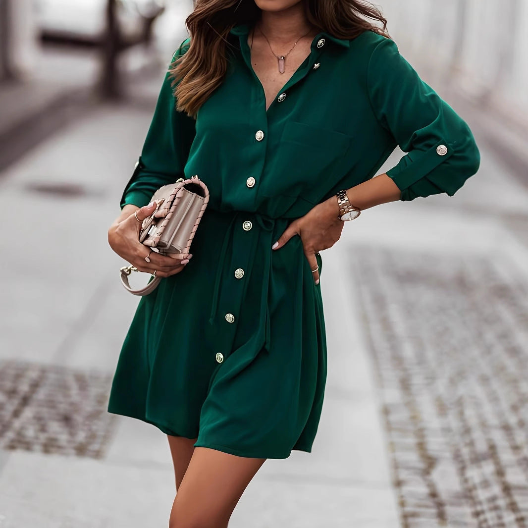 Damen Hemdkleid mit Taillenknotendetail und Brusttasche