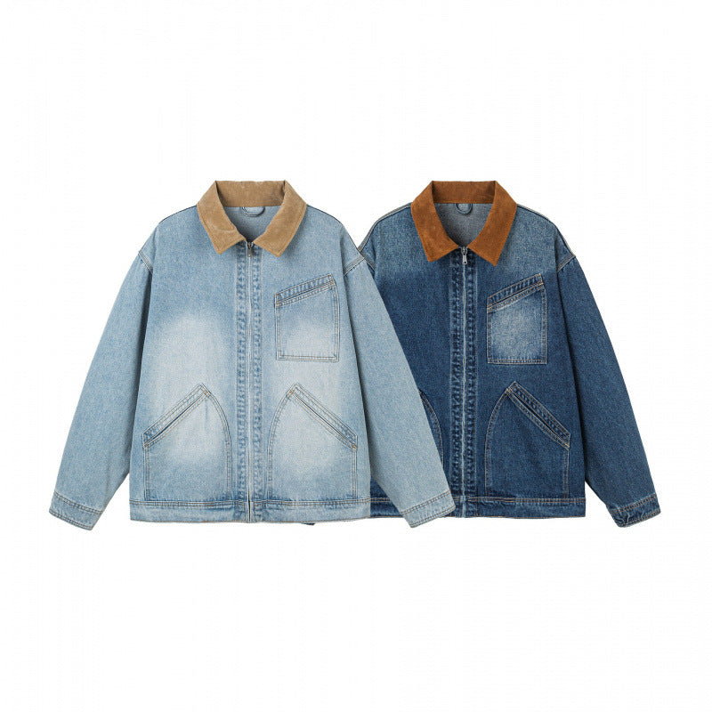 Herren Oversize-Denimjacke mit Cordkragen und diagonalem Brusttaschendetail Shop Nory
