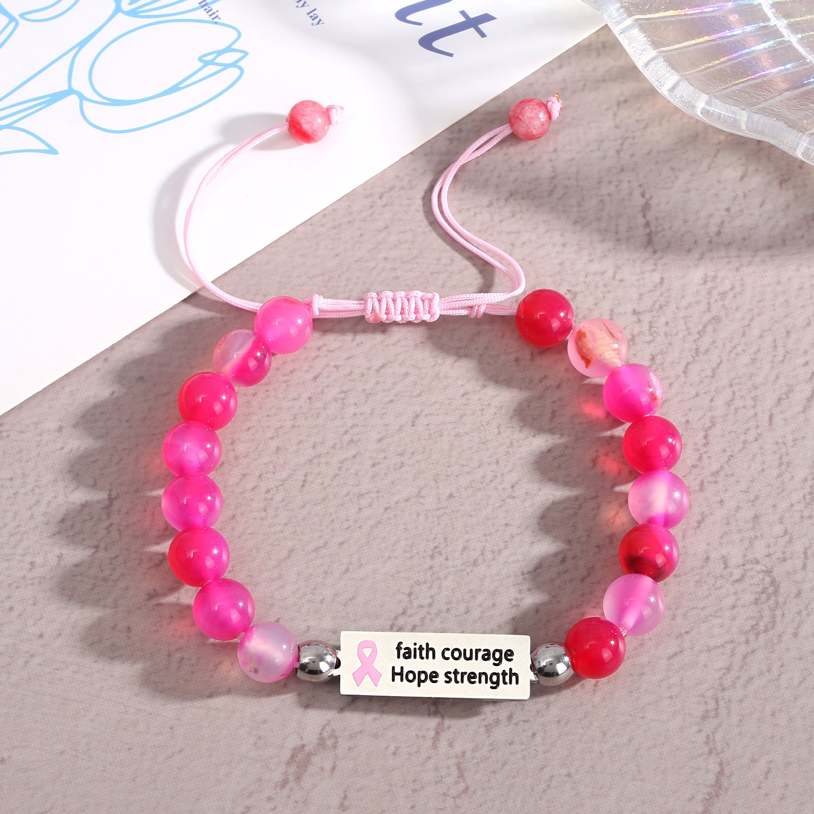 Damen Armband mit Botschaft und rosa Schleifenanhänger Shop Nory