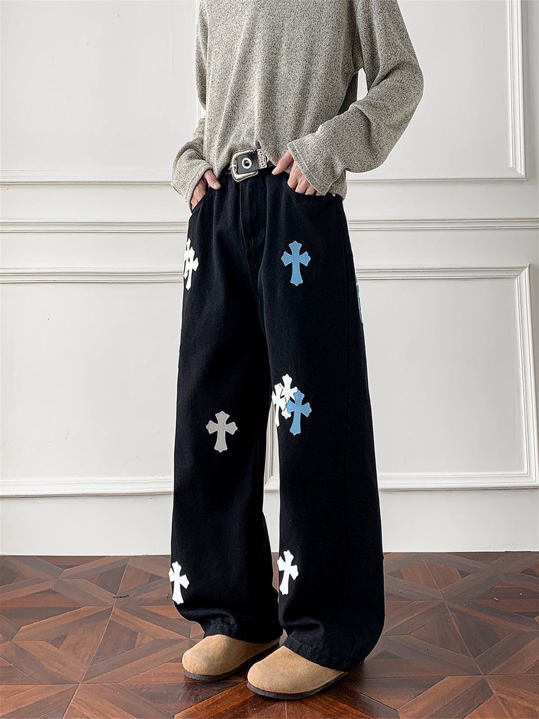 Damen Weitgeschnittene Denim-Hose mit kreativem Kreuzdesign Shop Nory