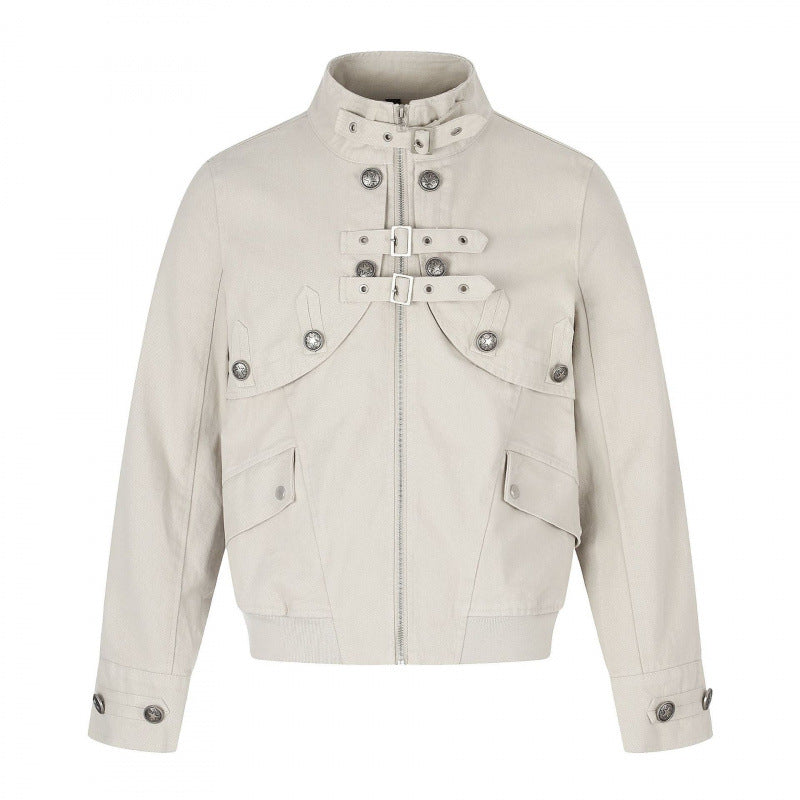 Damen Kurz geschnittene Bomberjacke mit hohem Stehkragen, Zierriemen und Pattentaschen Shop Nory
