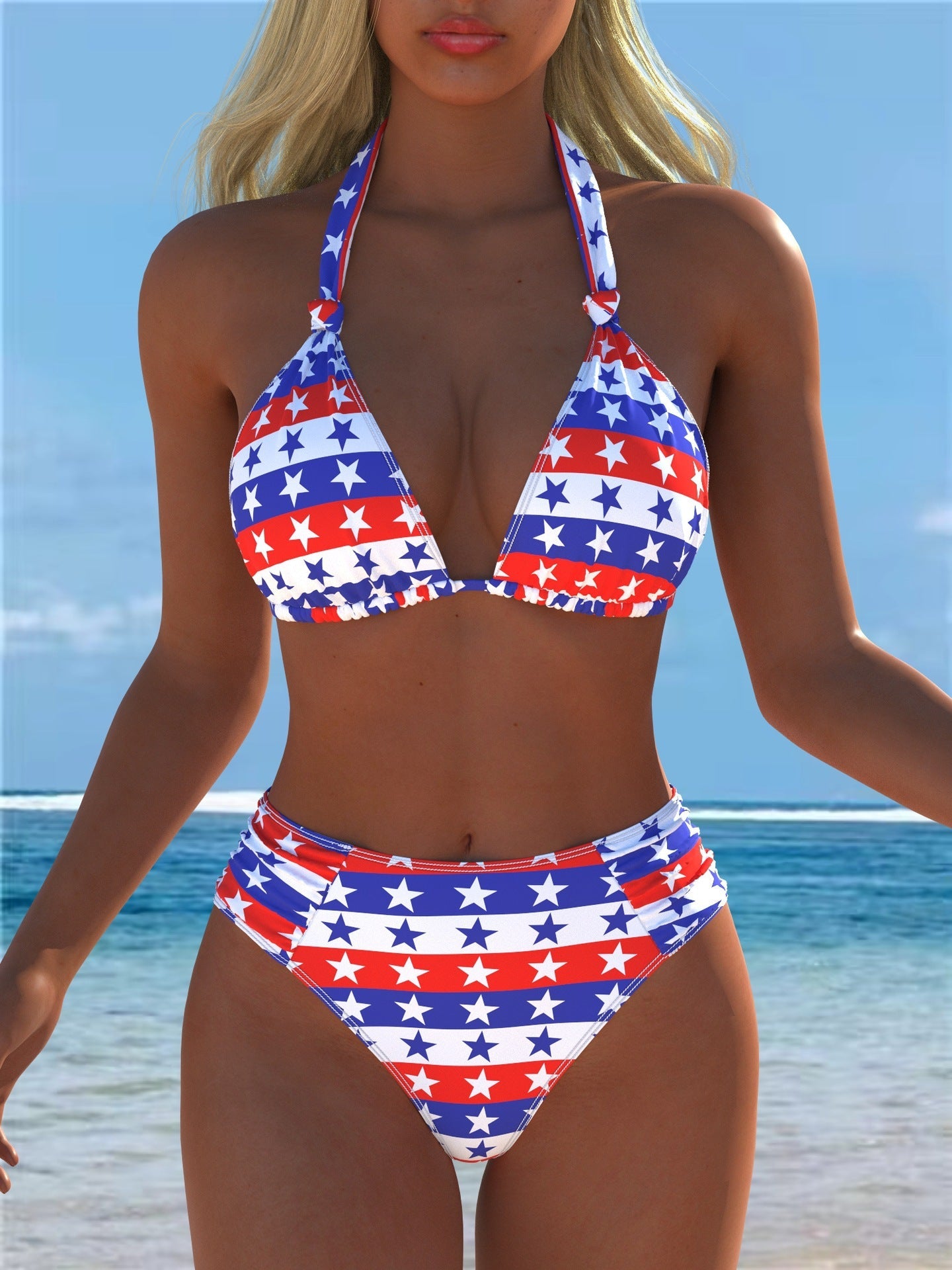 Damen Triangel-Bikini mit hohem Bund und patriotischem Sternen-Muster