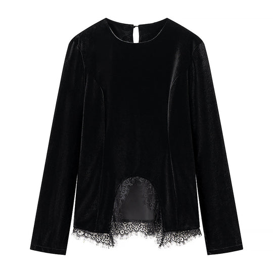 Damen Samt-Langarmshirt mit Spitzenbesatz und gewölbtem Saum Shop Nory