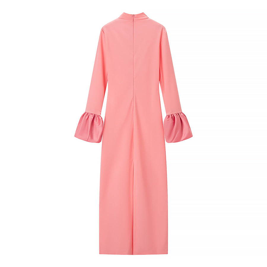 Damen Maxikleid mit Stehkragen und gerafften Volantärmeln Shop Nory