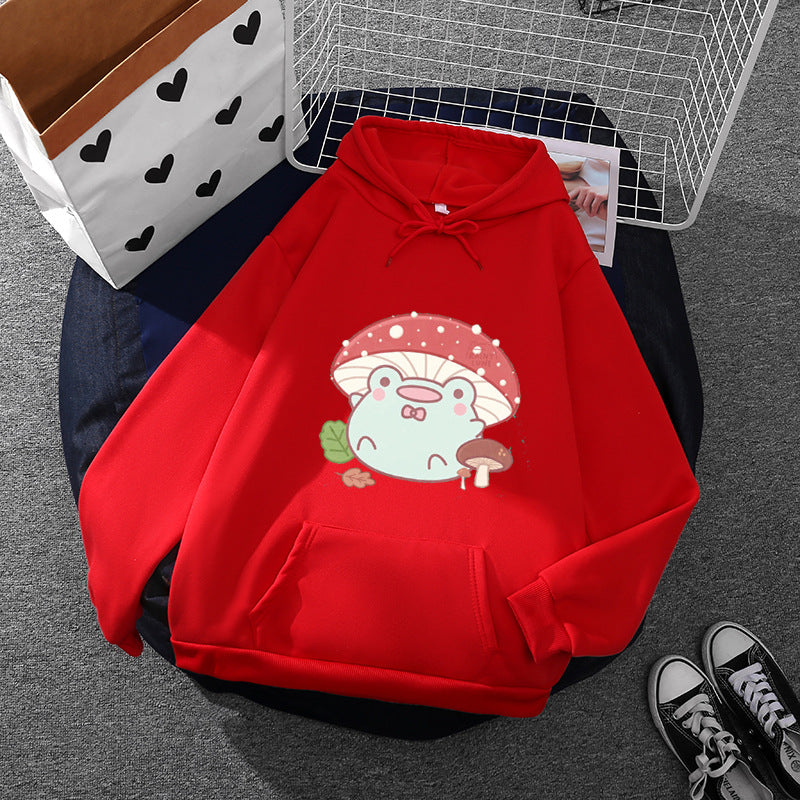 Damen nan weicher Oversize-Kapuzenpullover mit kawaii Pilzfrosch-Print, Kängurutasche und gerippten Bündchen Shop Nory