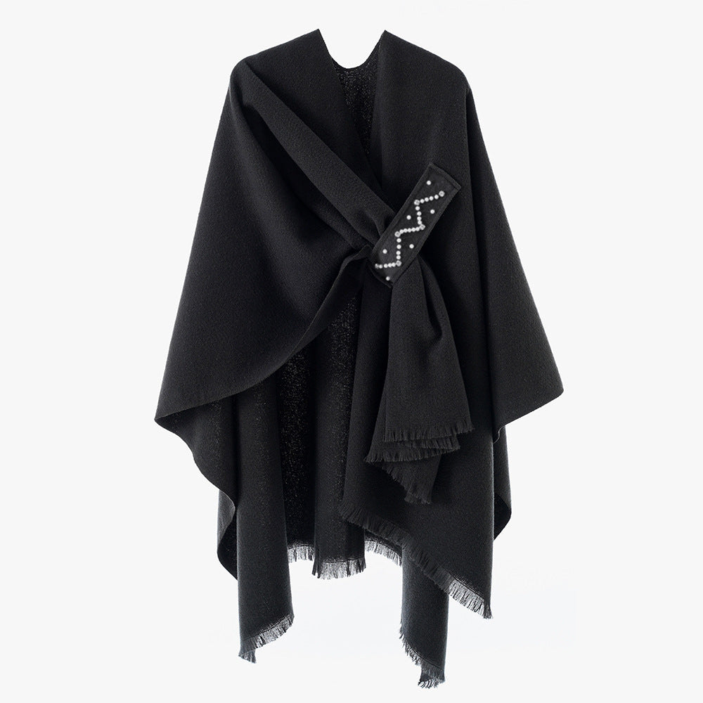 Damen Eleganter Wickel-Umhang aus Wollmischung mit Taillenschärpe und Fransensaum Shop Nory