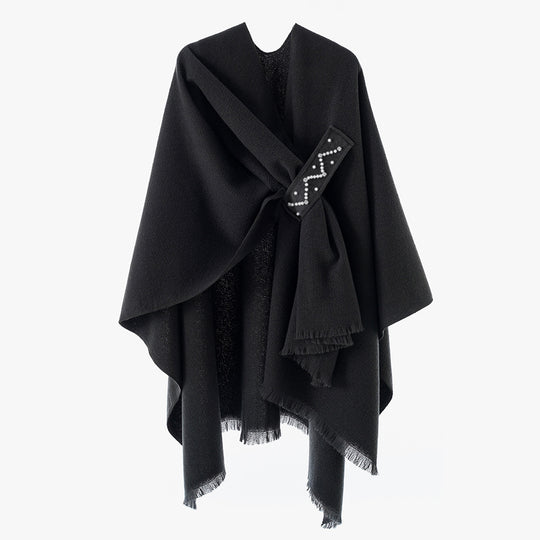 Damen Eleganter Wickel-Umhang aus Wollmischung mit Taillenschärpe und Fransensaum Shop Nory