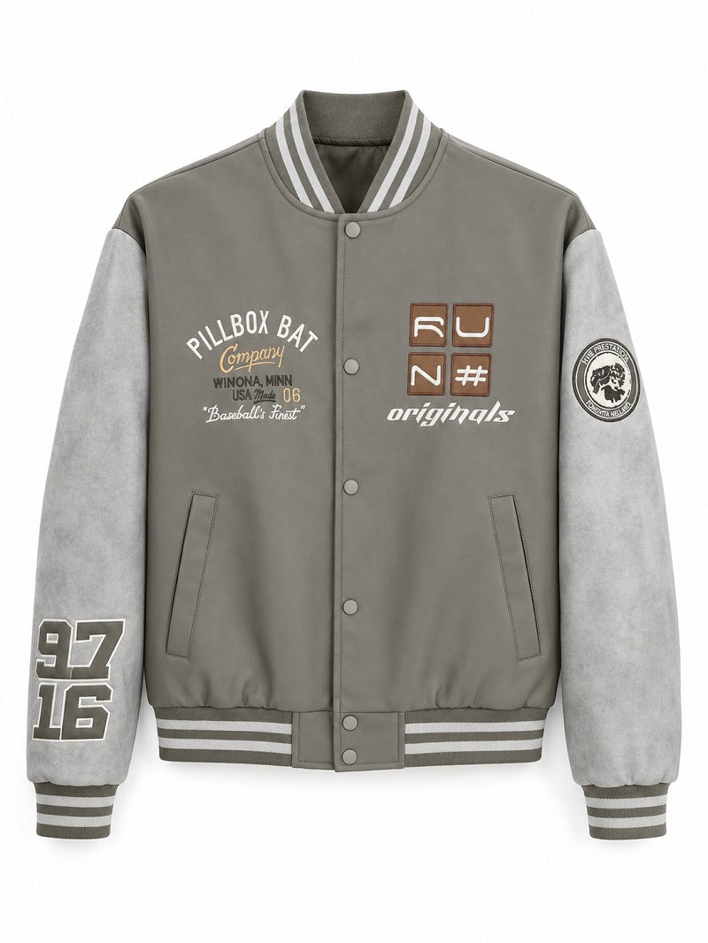 Herren Varsity-Bomberjacke im Retro-College-Stil mit Kunstlederkörper und Kontrastärmeln Shop Nory