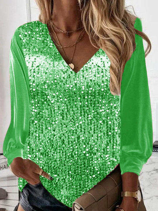 Damen Glitzernde Pailletten V-Ausschnitt Bluse mit Satinärmeln Shop Nory