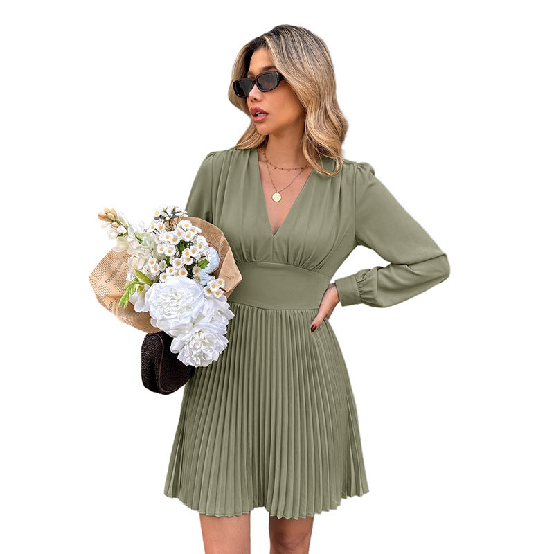 Damen Plissiertes V-Ausschnitt-Kleid mit Taillenband und Langärmeliger Silhouette Shop Nory
