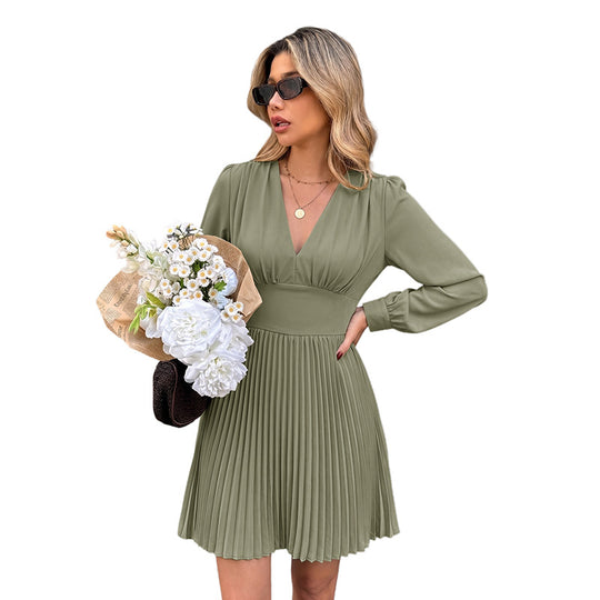 Damen Plissiertes V-Ausschnitt-Kleid mit Taillenband und Langärmeliger Silhouette Shop Nory