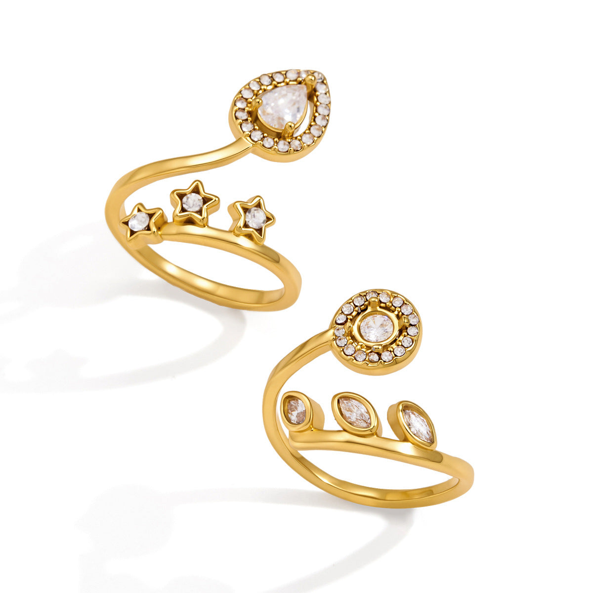 Damen Offener Ring mit funkelnden Sternen und tropfenförmigem Zirkonia Shop Nory