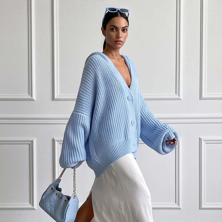 Damen Oversized Kapuzen-Strickcardigan mit Ballonärmeln und Knopfleiste Shop Nory